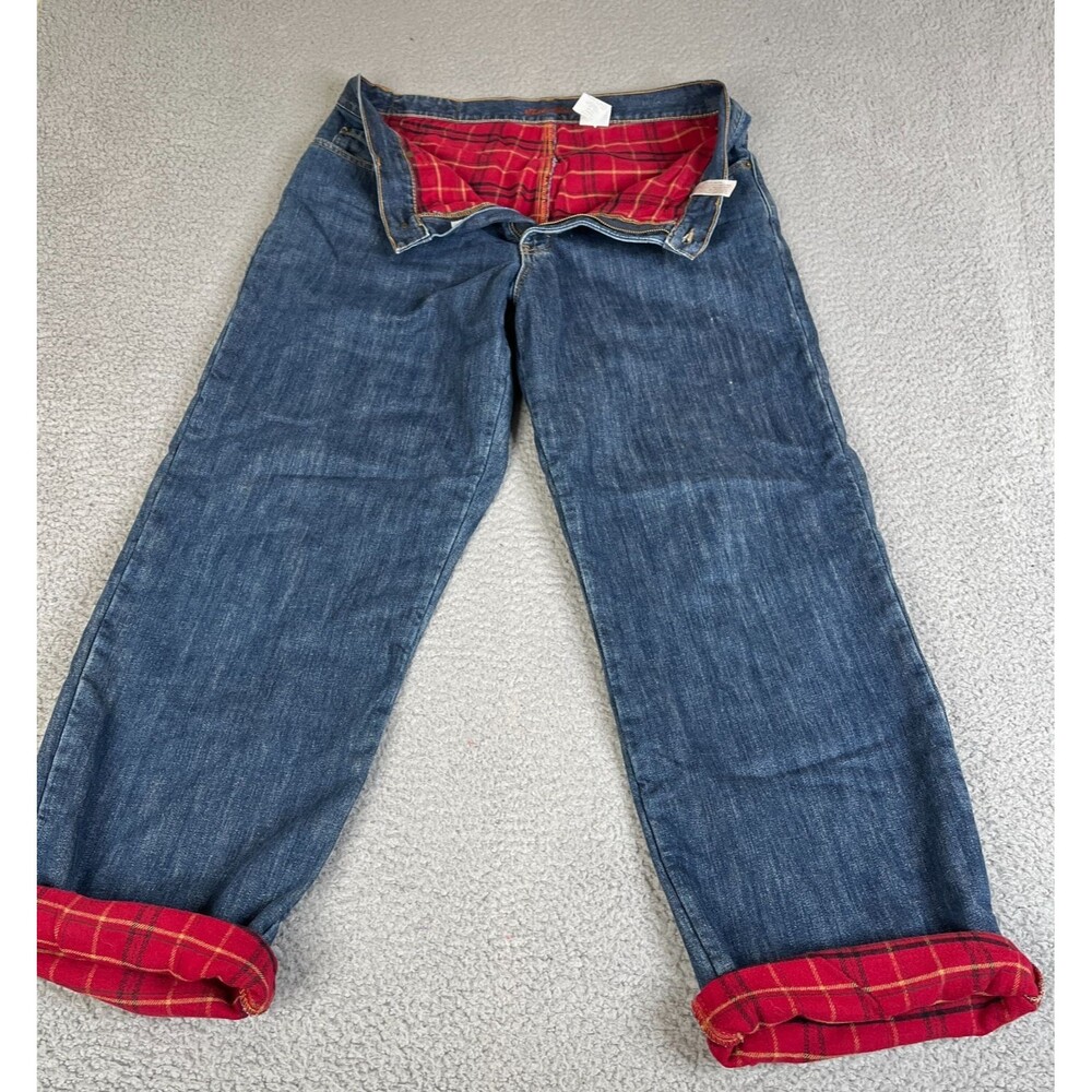 EDDIE BAUER Flannel Lined Jeans Mens 34x32 Blue Relaxed Red Plaid Outdoor Cowboy